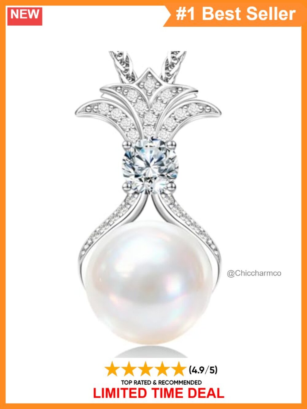12-13mm White Pearl Necklace with Moissanite Crown Pendant S925
